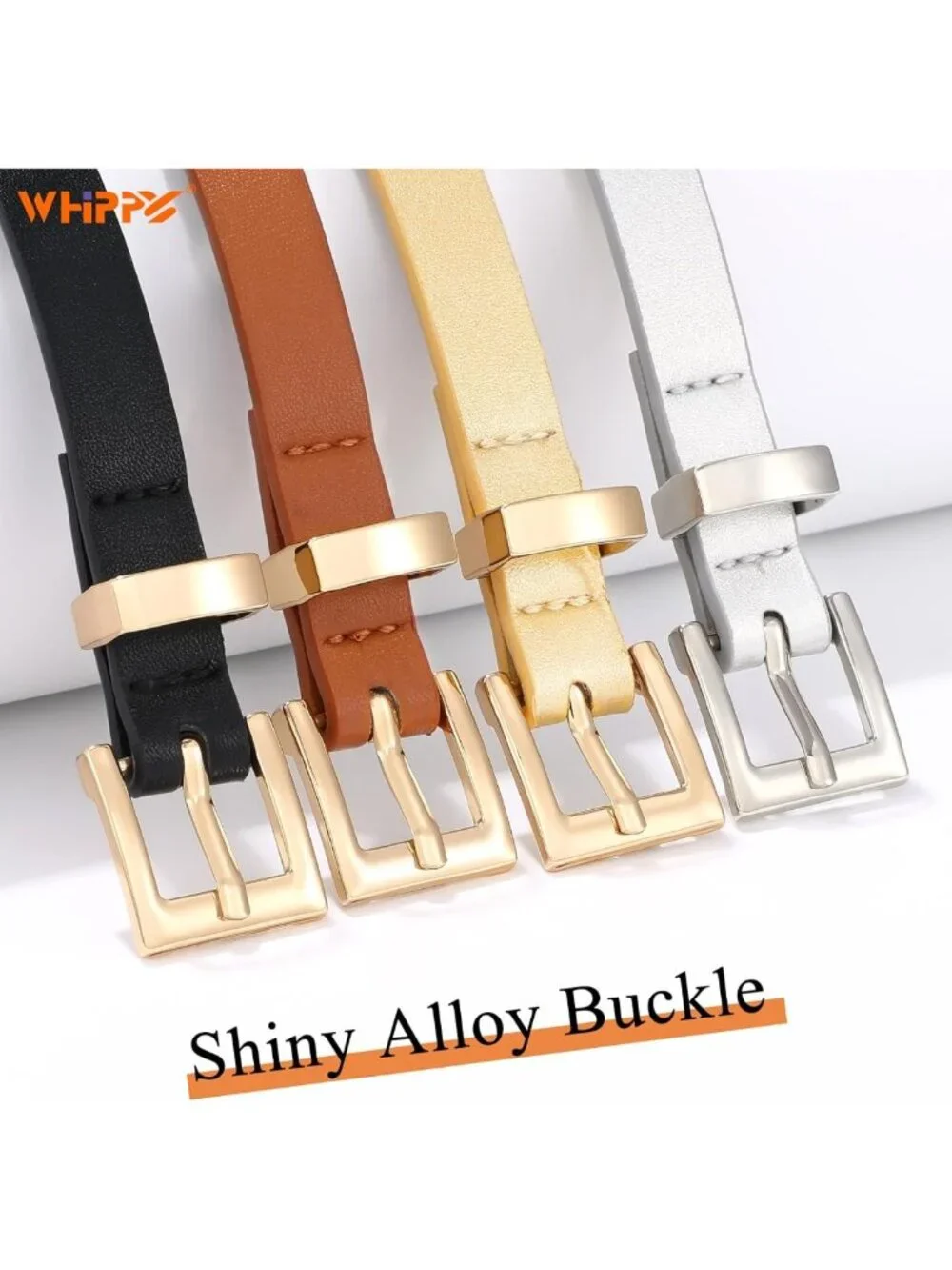 Set of 4 Women's Skinny Leather Belts - Thin Waist Belts with Metal Buckle for